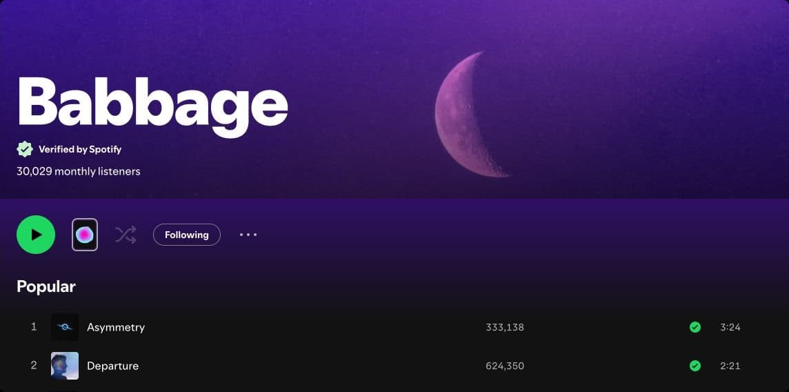 The public Babbage artist profile on Spotify showing its purple moon header, verification badge, monthly listeners, profile controls, and popular tracks