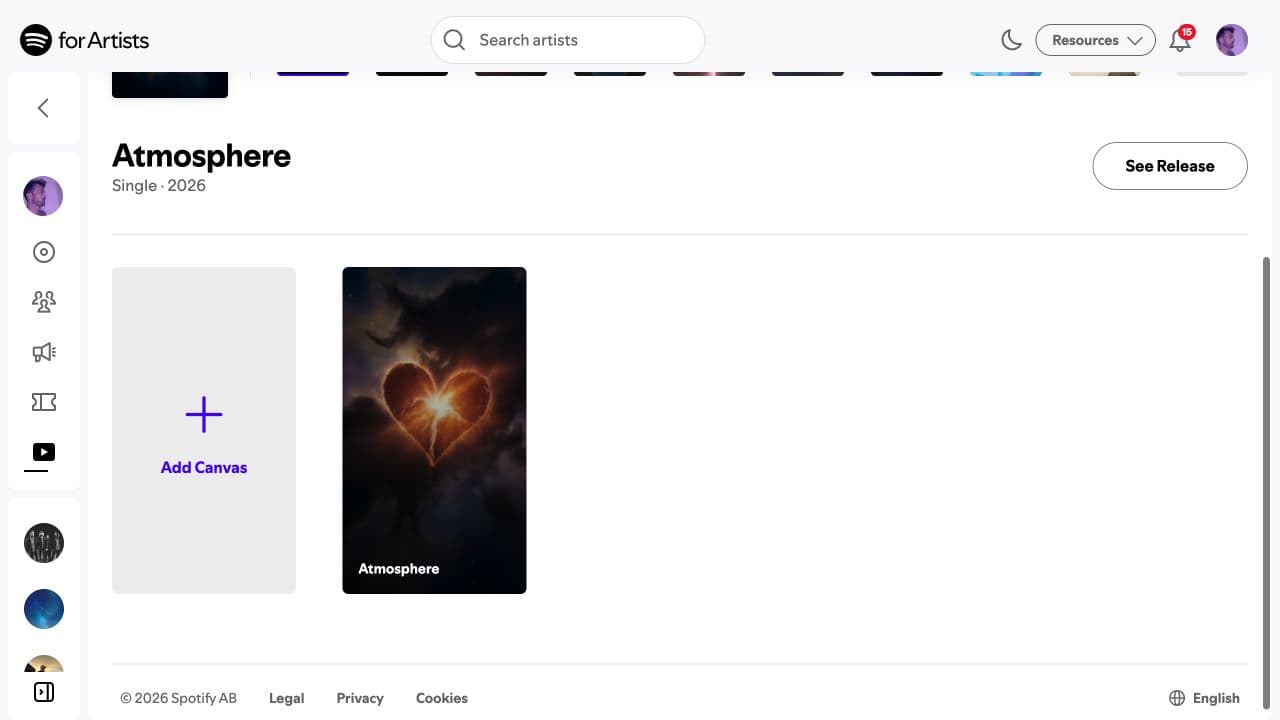 Spotify for Artists Canvas dashboard showing an Add Canvas card beside an existing vertical Canvas