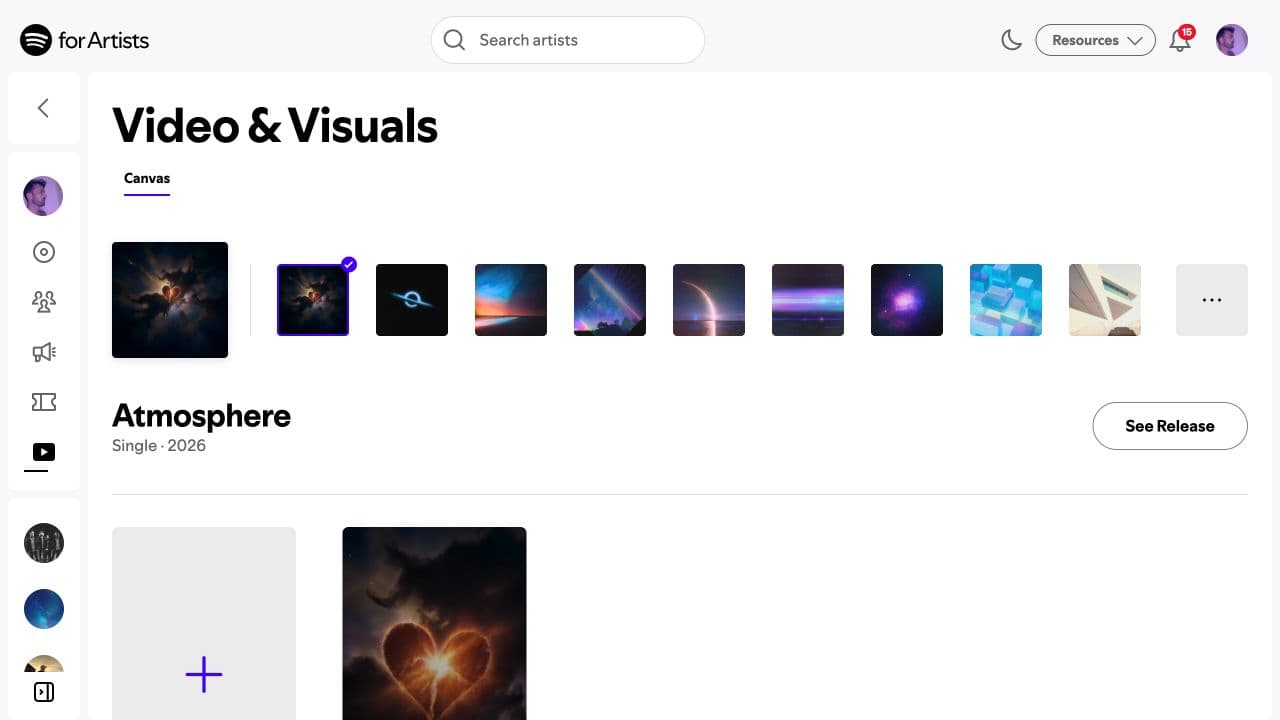 Spotify for Artists Video and Visuals dashboard with the Canvas tab selected and an Atmosphere release listed