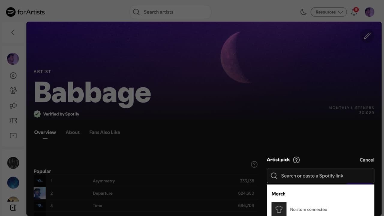 Spotify for Artists Artist Pick setup showing the search field for choosing music to feature
