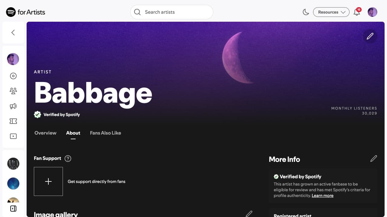 Spotify for Artists profile editor showing Babbage profile controls and the purple moon header