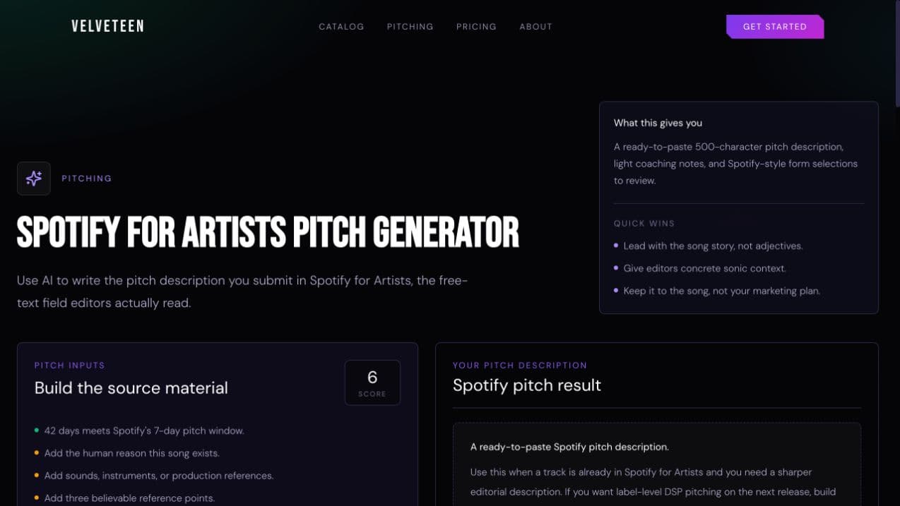 Velveteen Spotify for Artists pitch generator with release inputs and a 500-character pitch result panel