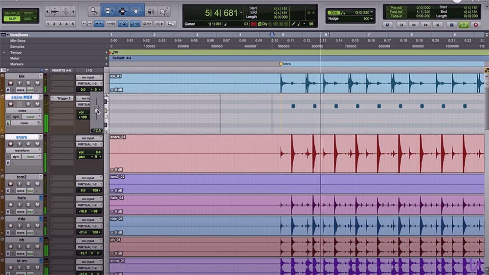 A Pro Tools drum session prepared for drum-to-MIDI replacement.