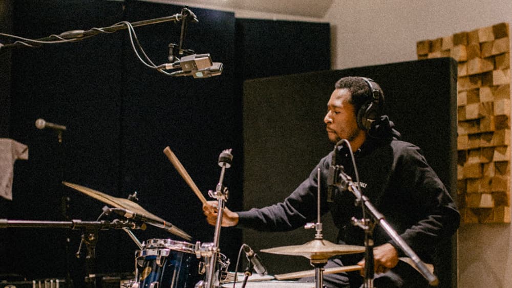 Drummer Biboye Onanuga from Good Nature tracking drums at Velveteen Music.