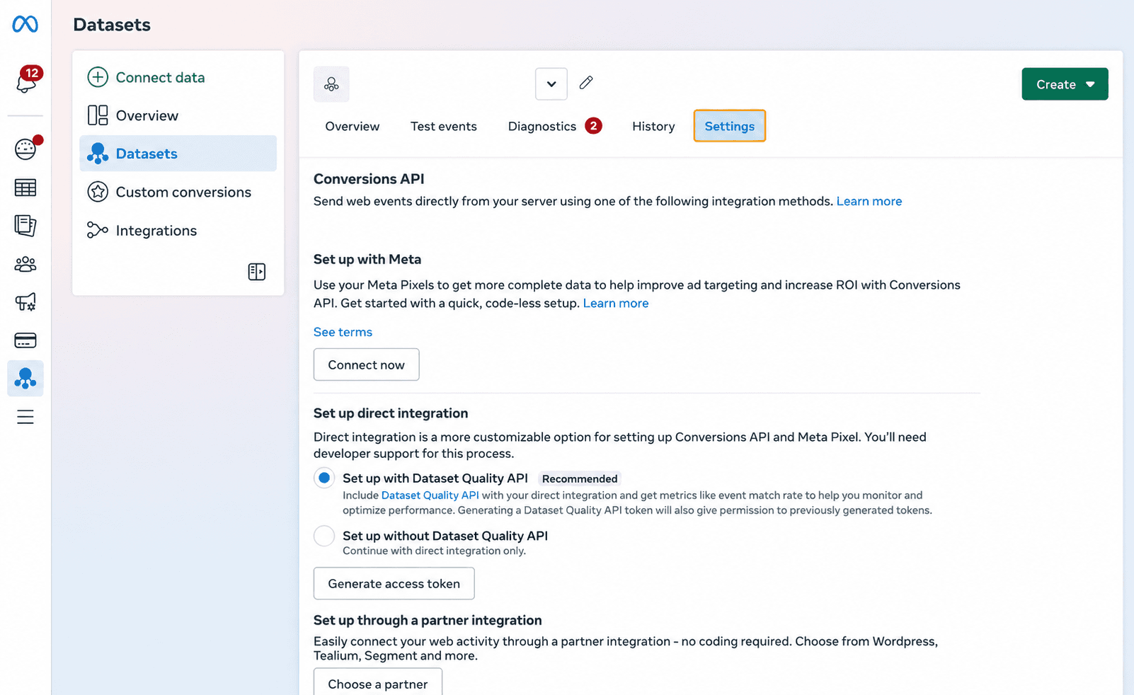 Meta Events Manager dataset Settings page showing the Conversions API direct integration options and Generate access token button